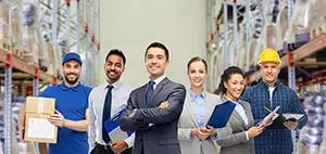 group of business people and warehouse workers
